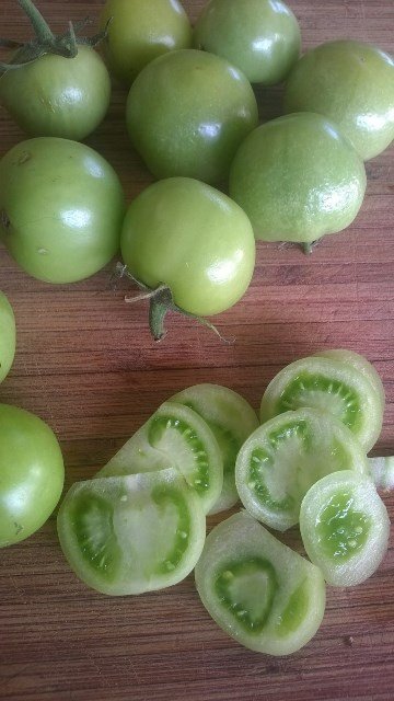 Green tomatoes sliced for Burmese Salad